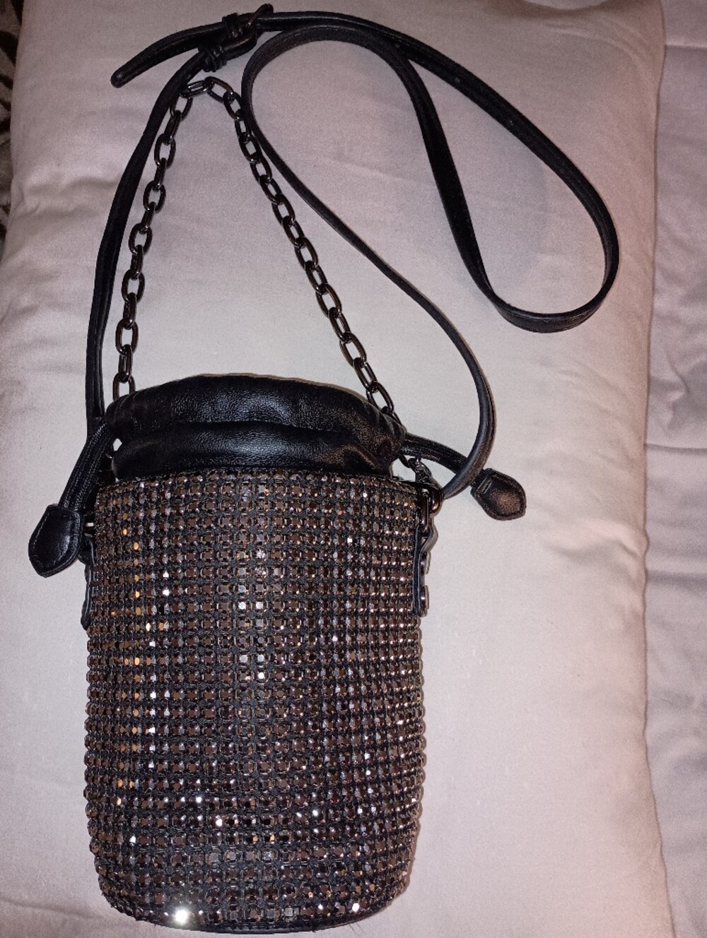 GLAMOROUS LEATHER-CRYSTALS-&-CHAINS CROSSBODY BAG w/ Adjustable/Removable Strap